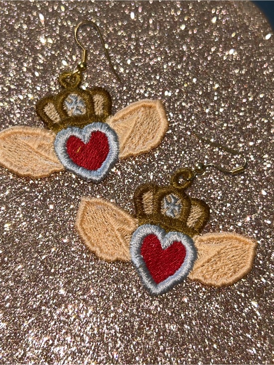 Jewelry - Heart Crown Wing Design FSL Earrings - Red Heart & Gold Brown Thread NEW